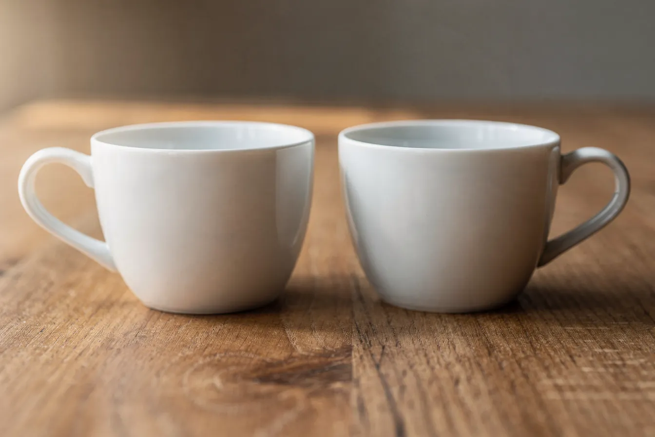 Two identical white ceramic cups side by side on a bare oak table in soft daylight