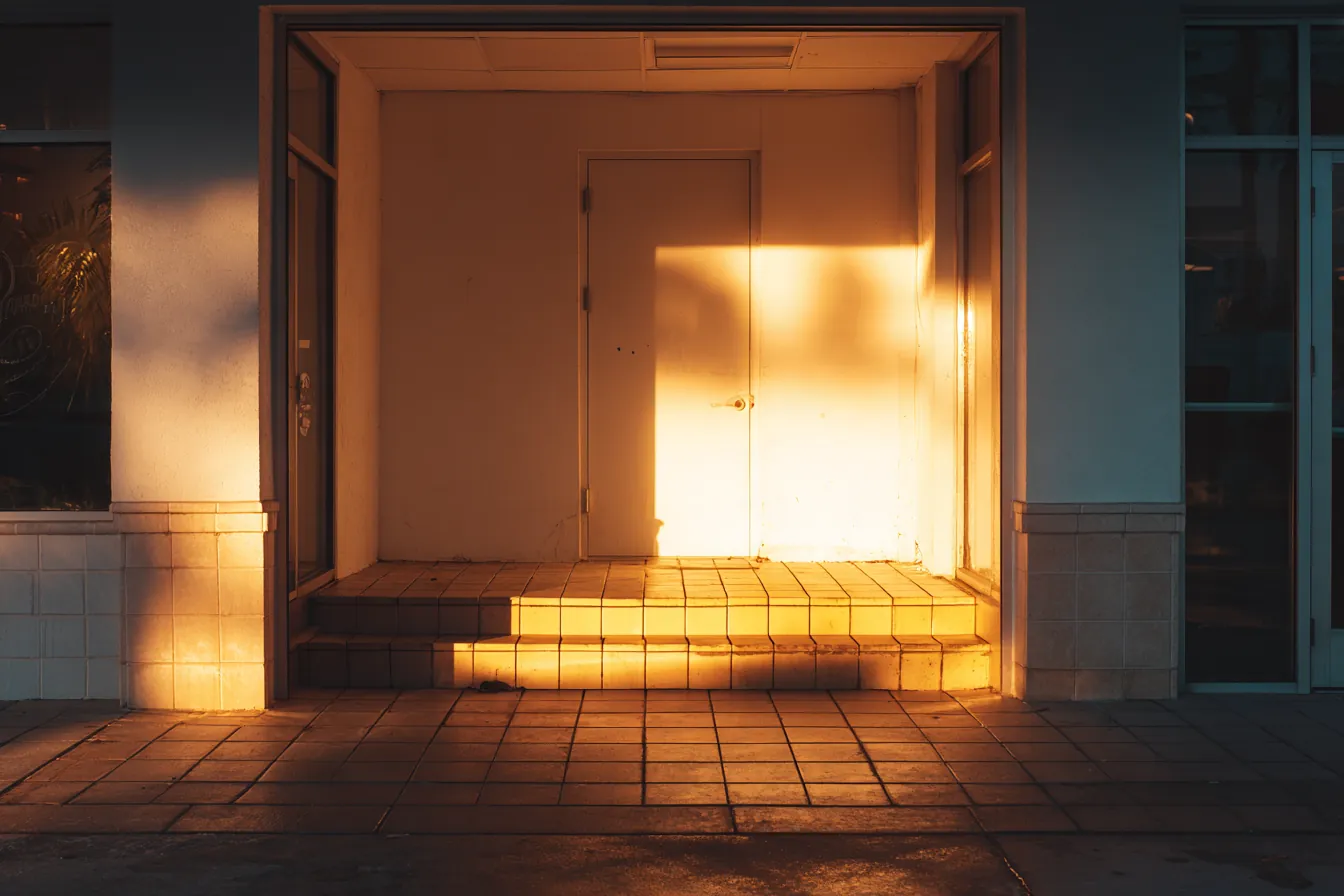 An open doorway at dawn, warm light falling across the inner wall and a tiled step