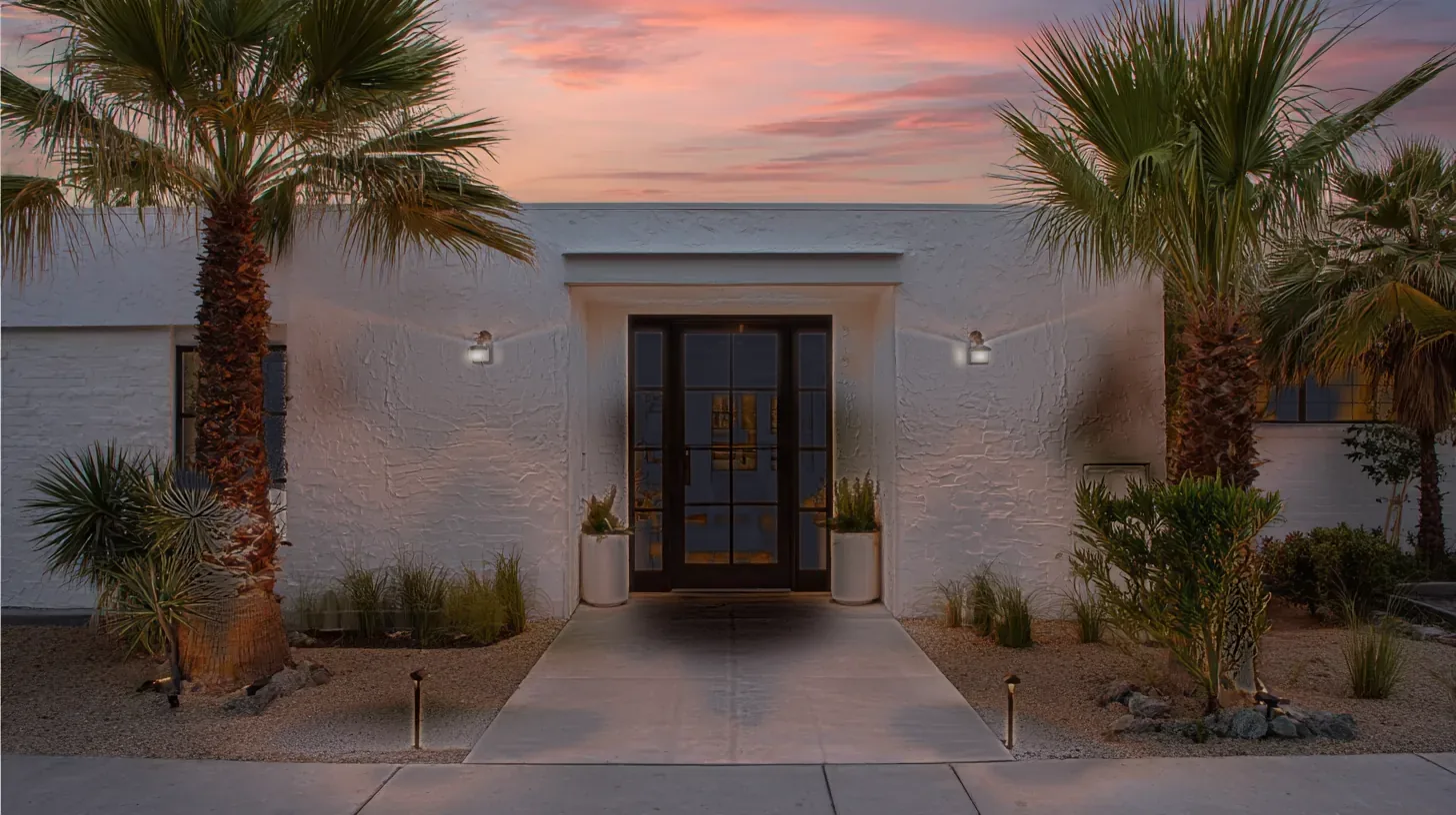 The entrance of a small white stucco building at dusk between palms, its glass door, wall lamps and path lights dark