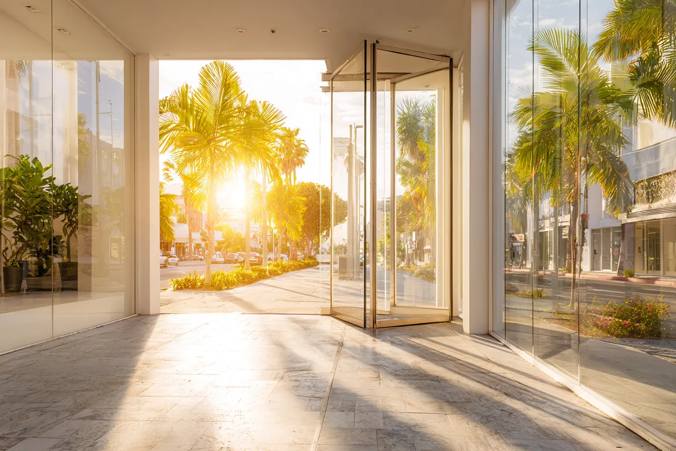 Low sun pouring through an open glass entrance onto a pale stone floor, palms along the street outside