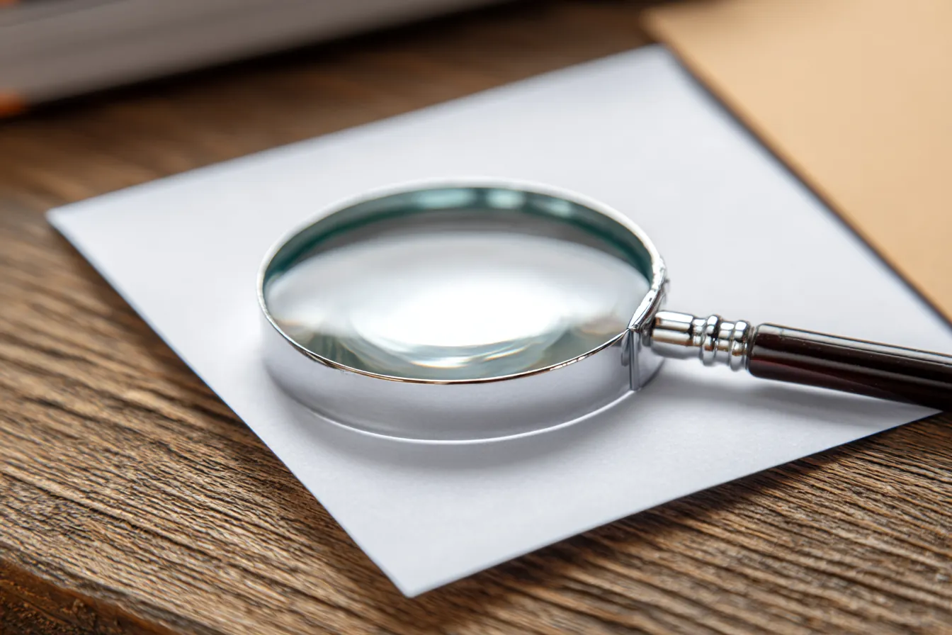 A magnifying glass resting on a blank sheet of paper on a wooden desk