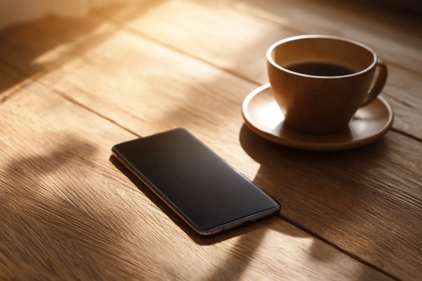A smartphone lying screen down on a wooden table beside a cup of coffee in low morning light