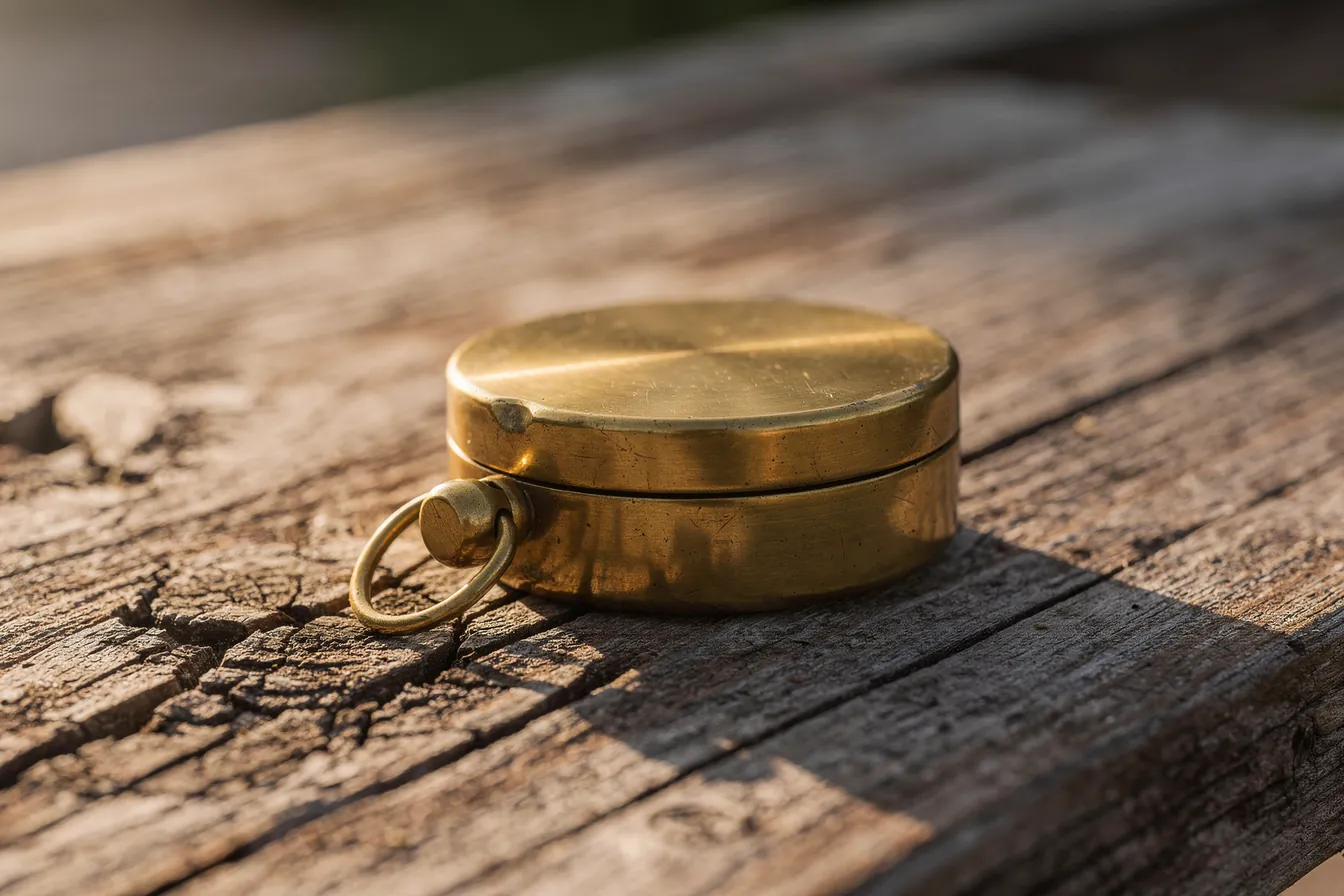 A closed brass pocket compass on a weathered wooden table in morning light