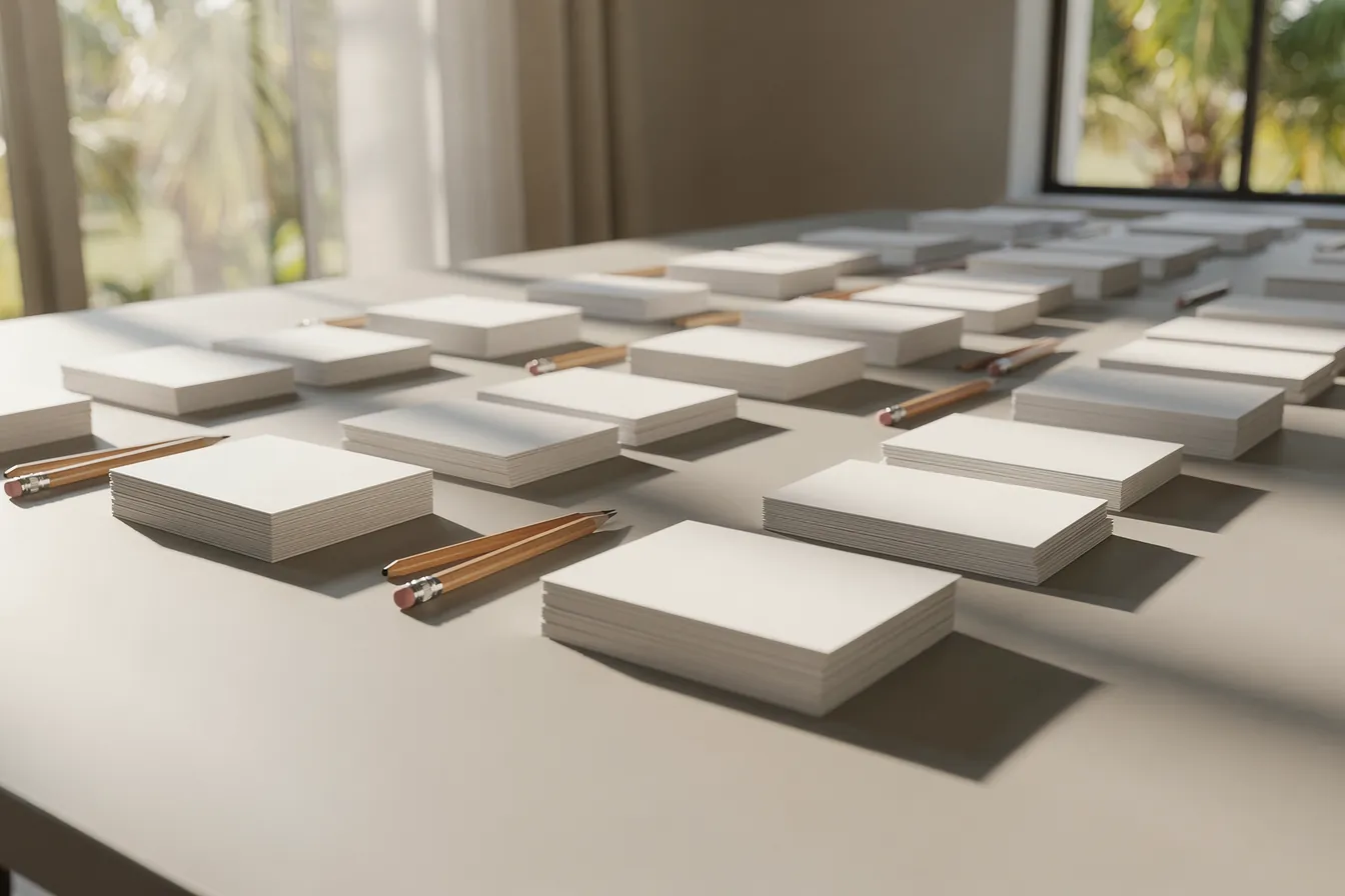 Neatly arranged blank index cards and pencils on a long table in a bright room with palms outside
