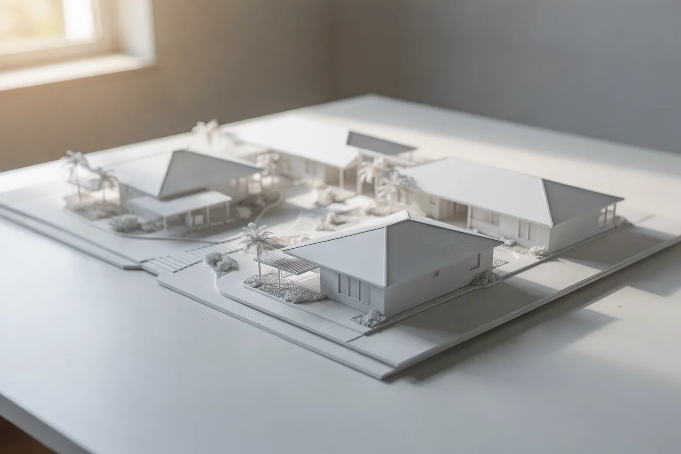 An architect's white scale model of low buildings and paths on a table, soft daylight