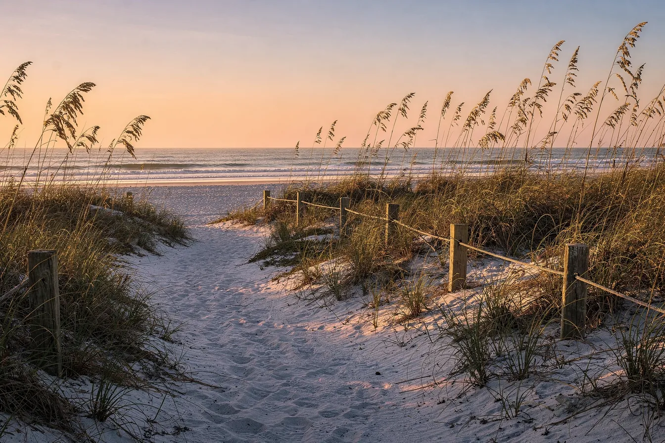 A winding sandy path through sea oats toward the beach at sunrise