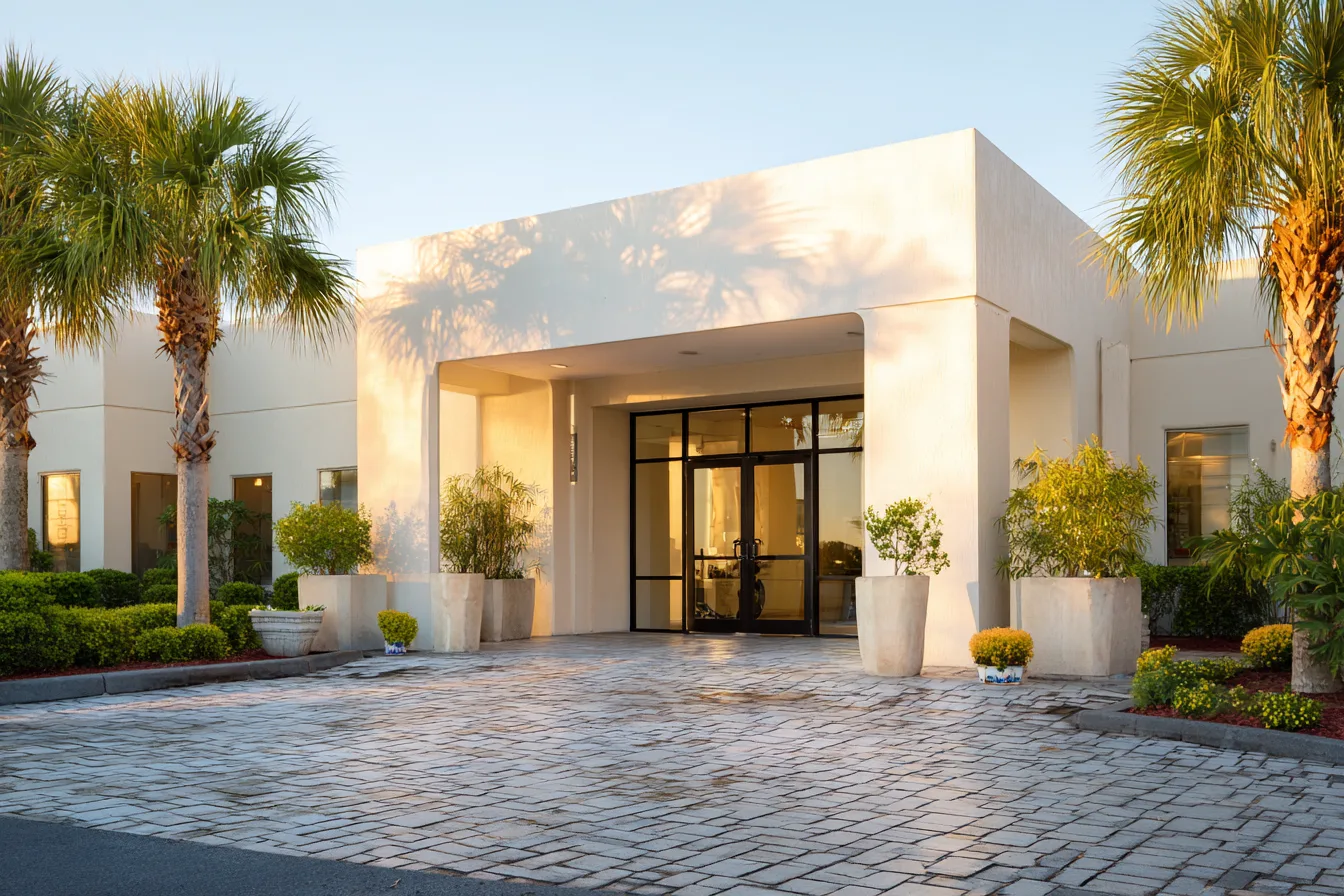 The covered entry of a single-story dental office with a paver walk and palms at golden hour