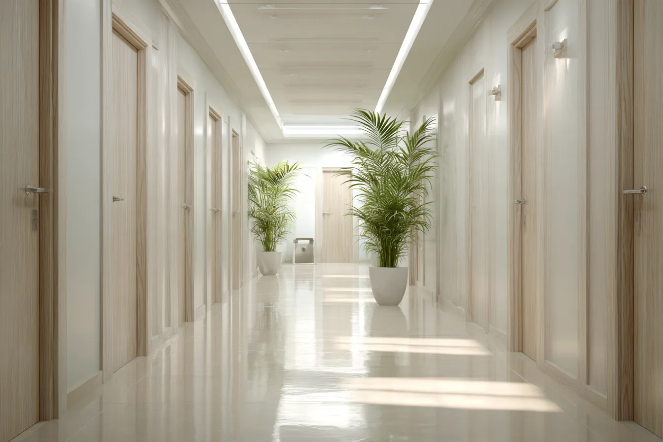 A bright dental office corridor with a row of closed treatment room doors and a potted palm at the end