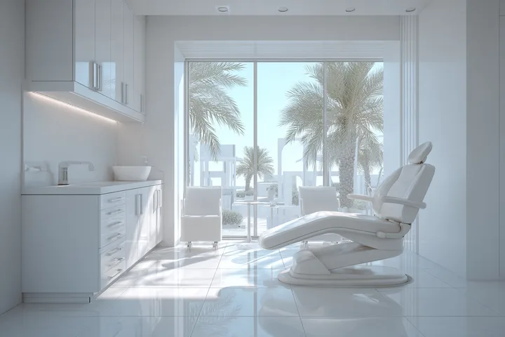 An empty, sunlit dental treatment room with a reclined chair beside a tall window onto palms