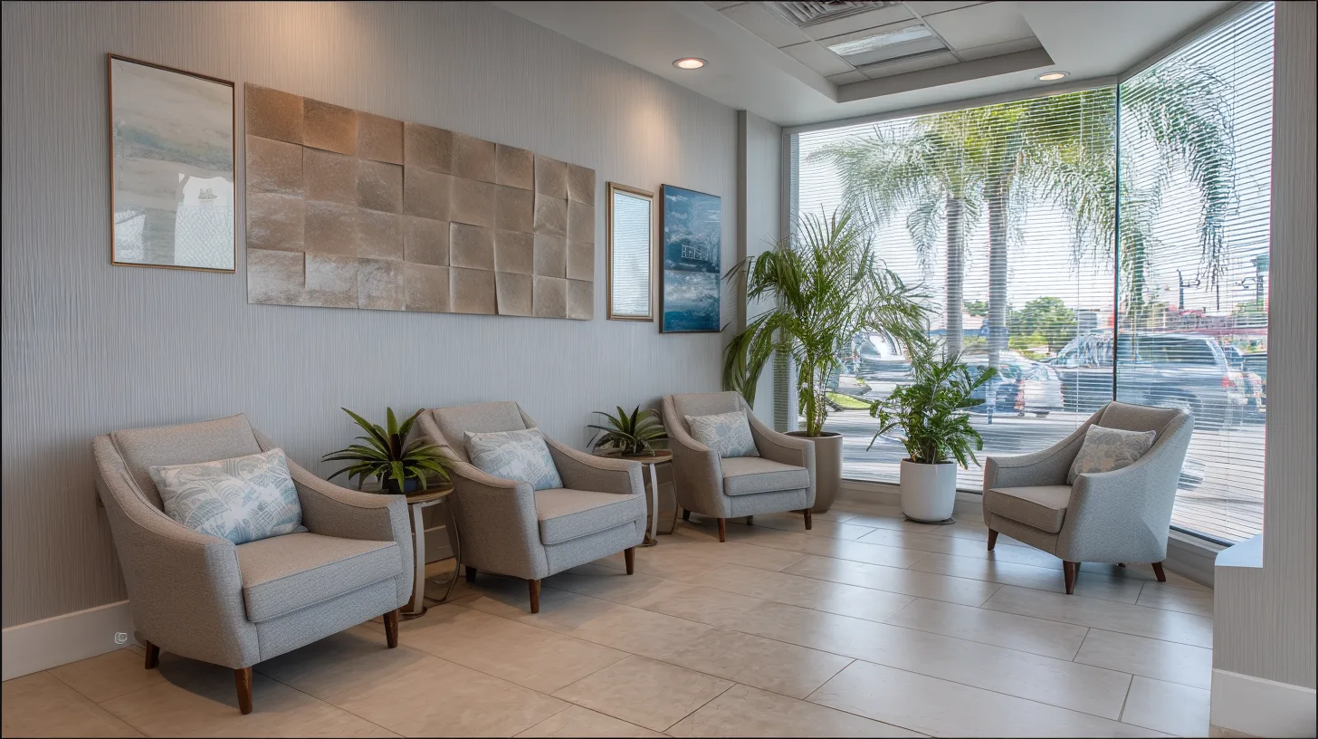 A bright dental office waiting room with gray armchairs, a few plants and tall windows onto palms