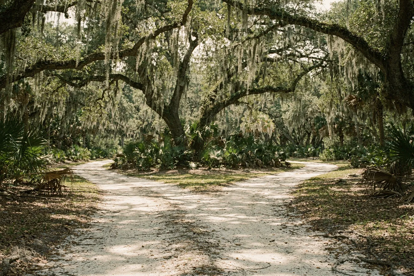 A fork in a shaded nature trail under live oaks with dappled light