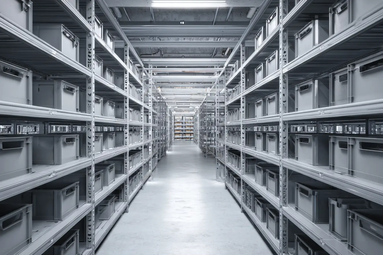 A long warehouse aisle of steel shelving lined with plain gray bins, seen down its length