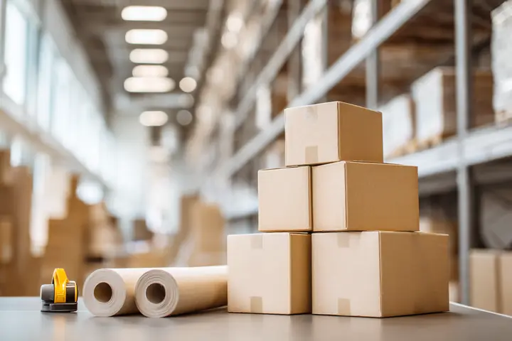 Plain cardboard shipping boxes stacked on a packing table beside rolls of kraft paper in a bright small warehouse