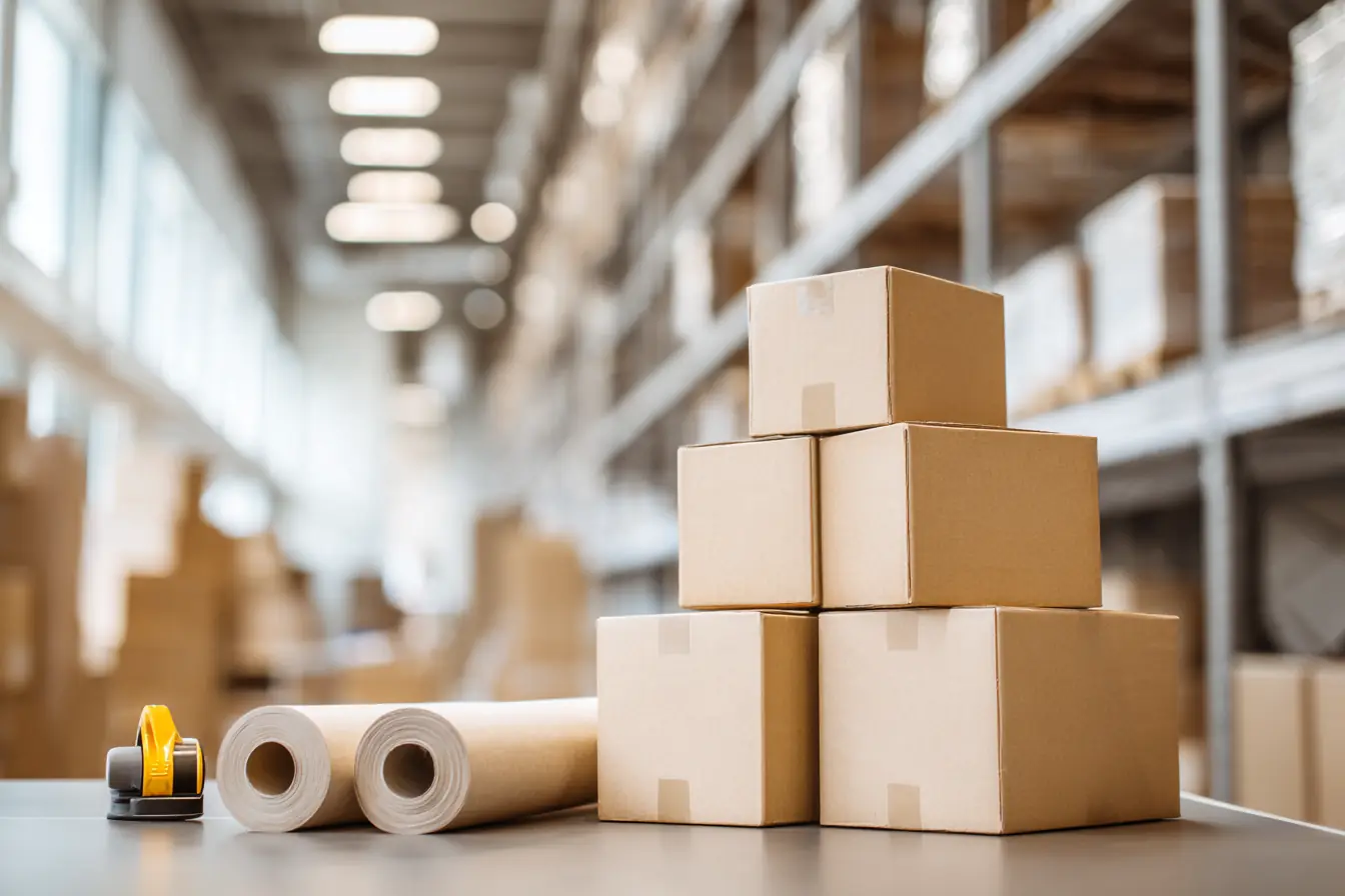 Plain cardboard shipping boxes stacked on a packing table beside rolls of kraft paper in a bright small warehouse