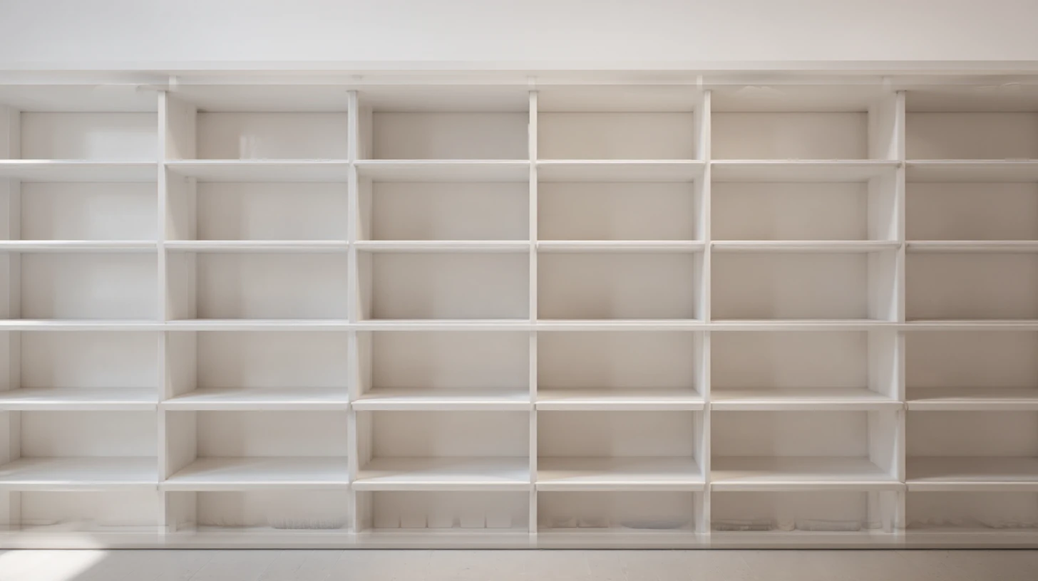 A wall of empty white retail shelving seen straight-on in a bright stockroom