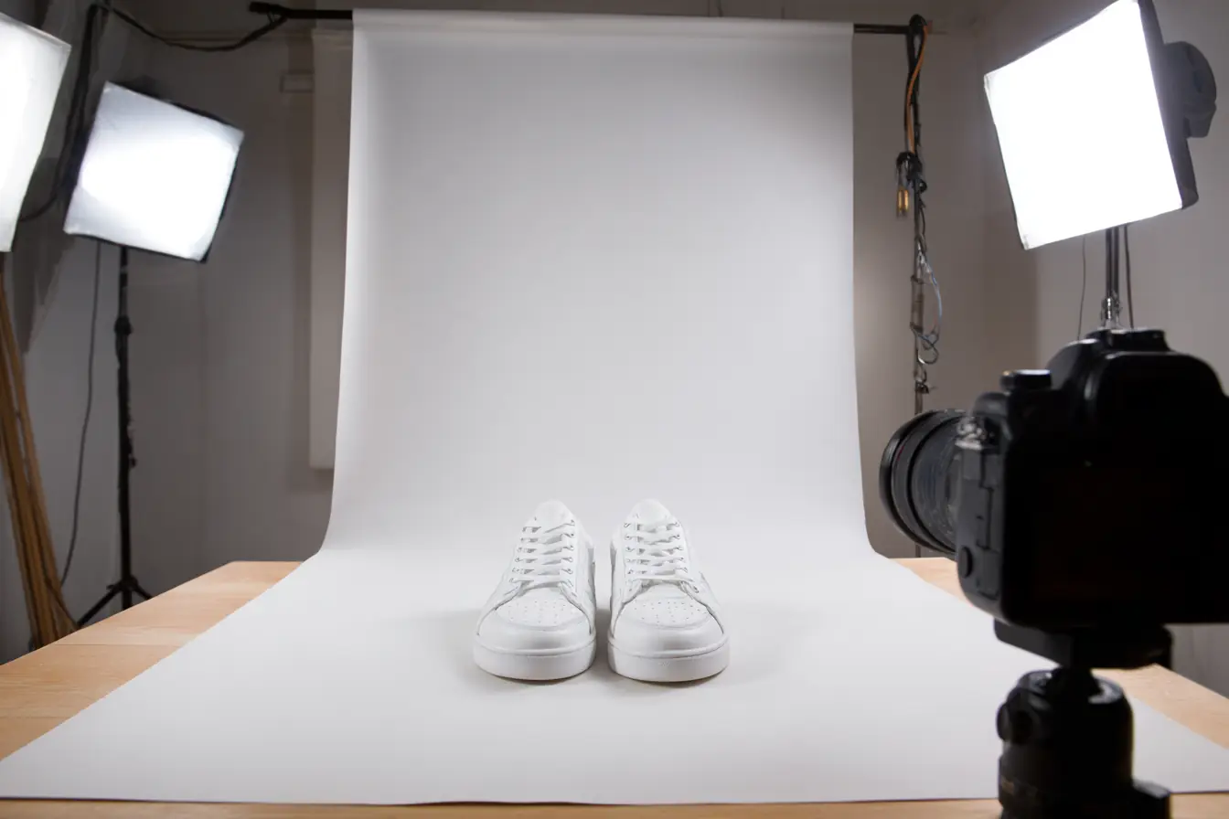 A pair of white sneakers on a seamless backdrop under softboxes in a small product photo studio
