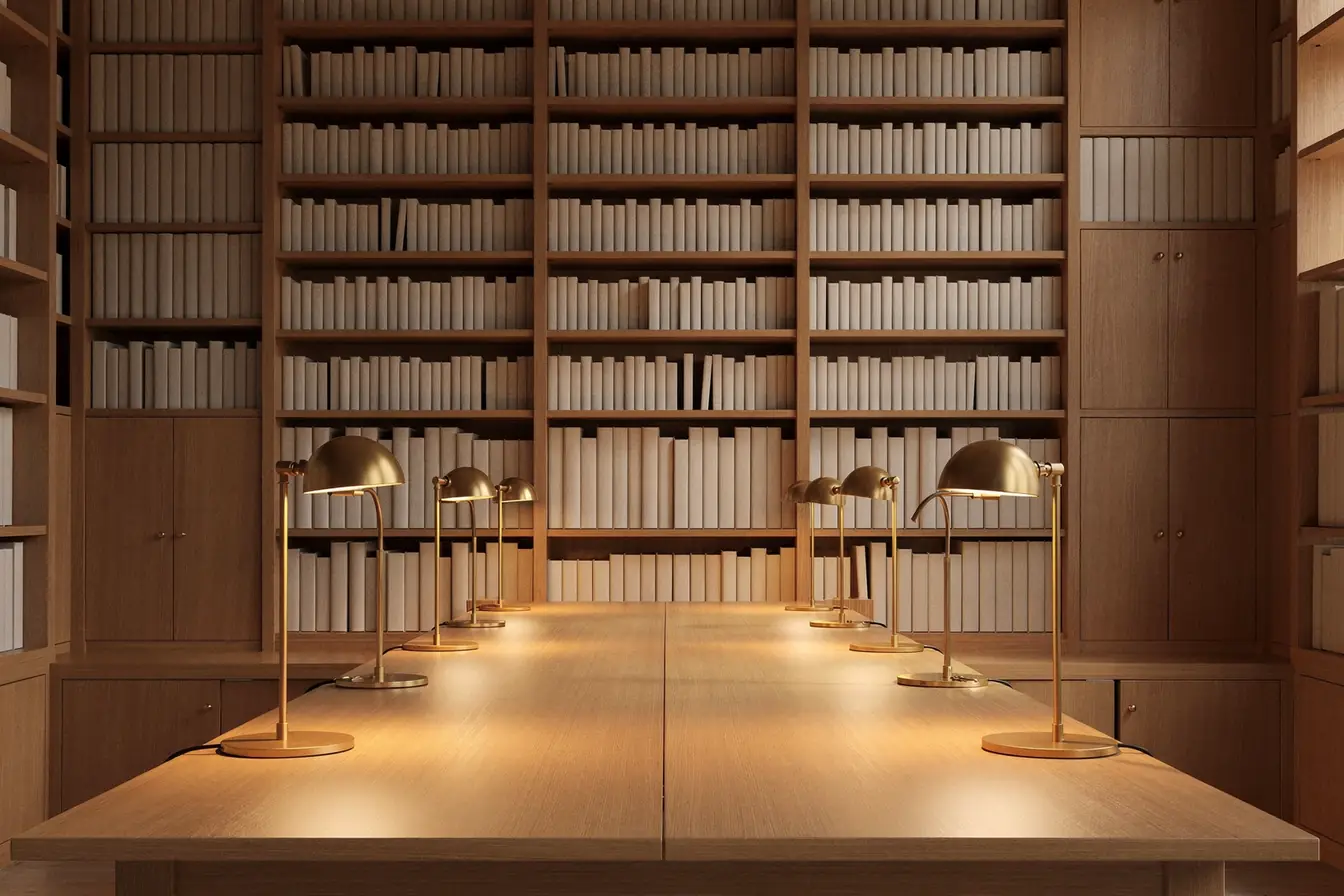Tall wooden library shelves of books with plain spines and a reading table under warm lamps