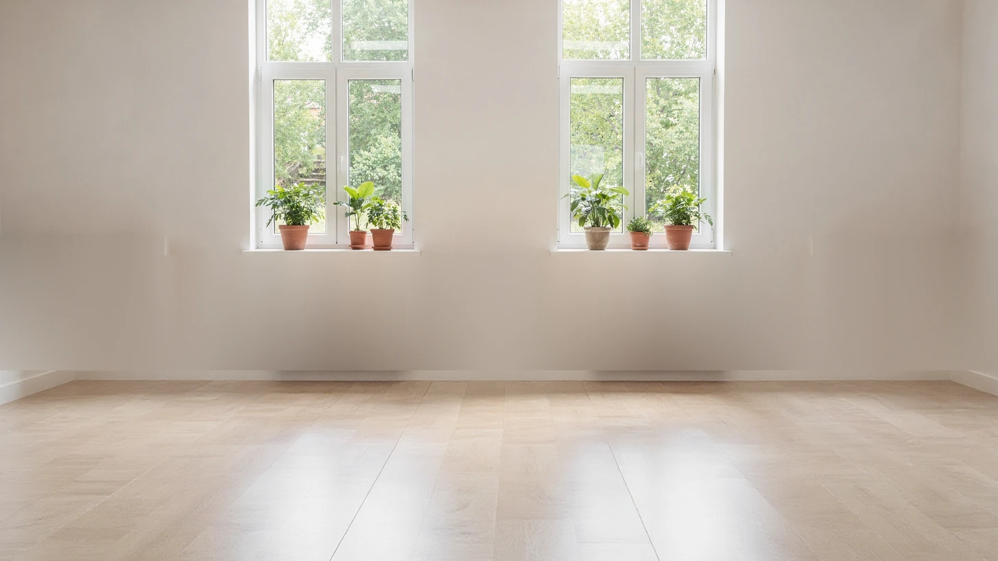 An empty classroom seen straight-on, a bare floor, blank walls and tall windows onto trees with potted plants on the sills