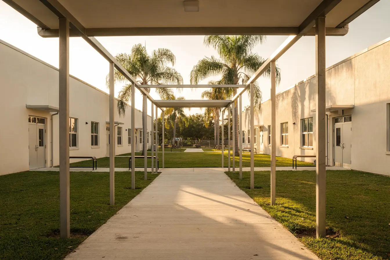 A covered walkway between school buildings, palms and a green lawn in soft morning light