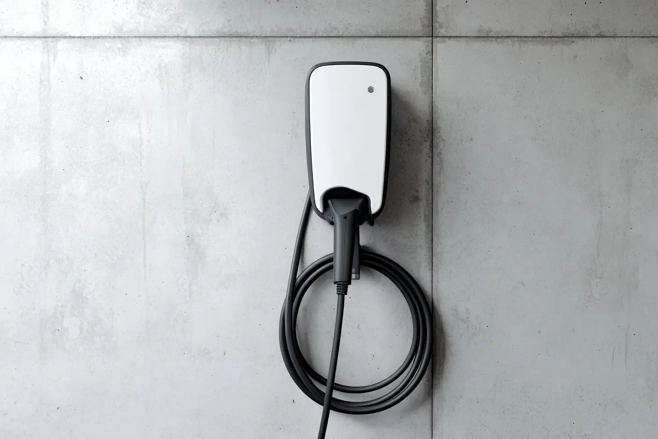 A Level 2 EV charger mounted on a clean garage wall, its cable coiled on the hook