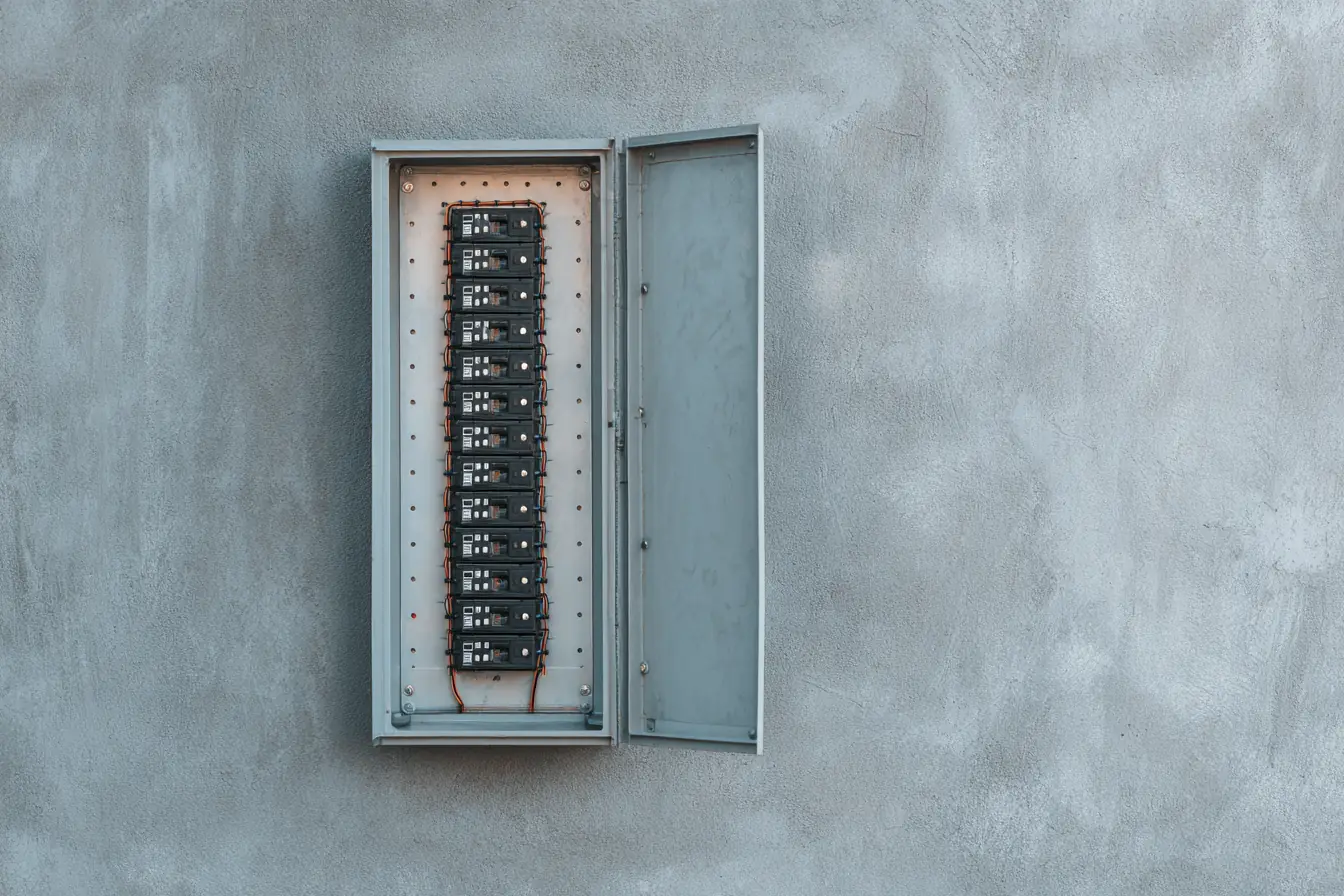 A new residential electrical panel with its door open, neat rows of breakers and tidy wiring, on a garage wall