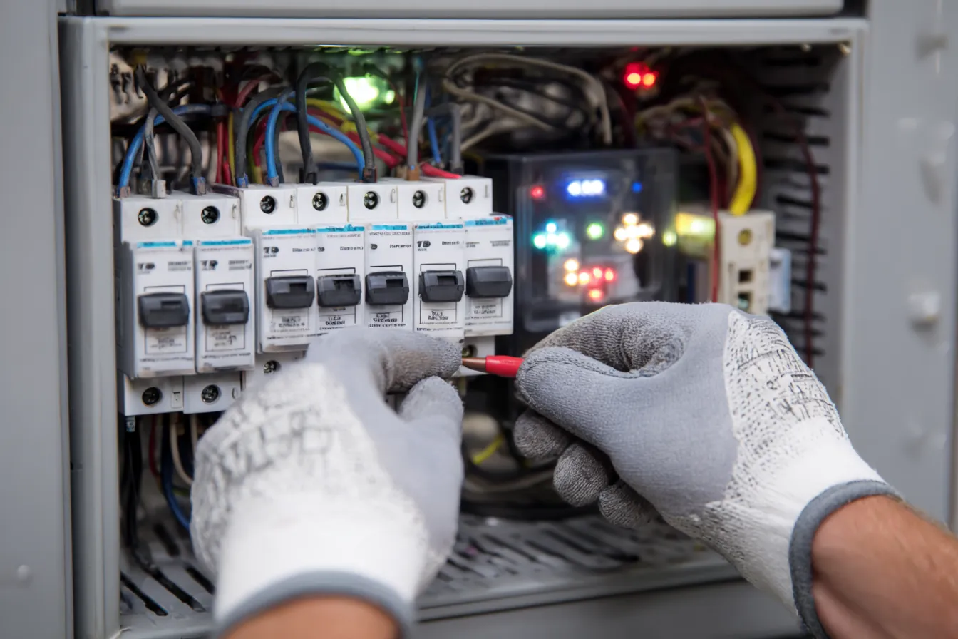 Gloved hands working on the wiring inside an open elevator controller cabinet