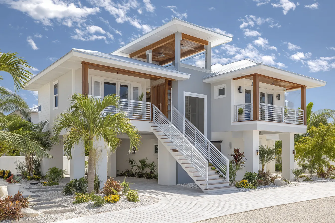 A raised two-story Southwest Florida home on a tall base, a long exterior staircase climbing to the main floor