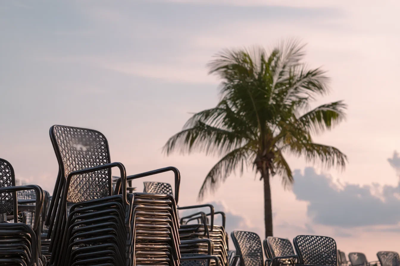 Patio chairs stacked under a palm at the end of the season, a calm evening sky