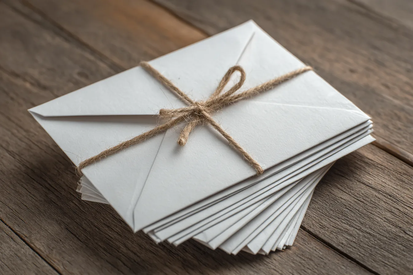 A neat stack of blank envelopes tied with twine on a wooden desk