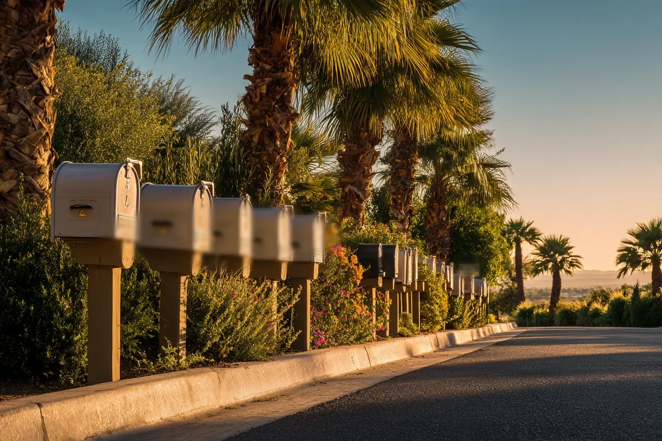 A row of plain, unmarked curbside mailboxes along a quiet palm-lined street at golden hour