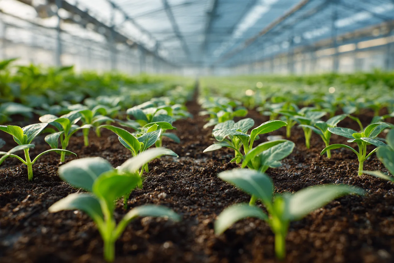 Rows of young seedlings in a sunny greenhouse
