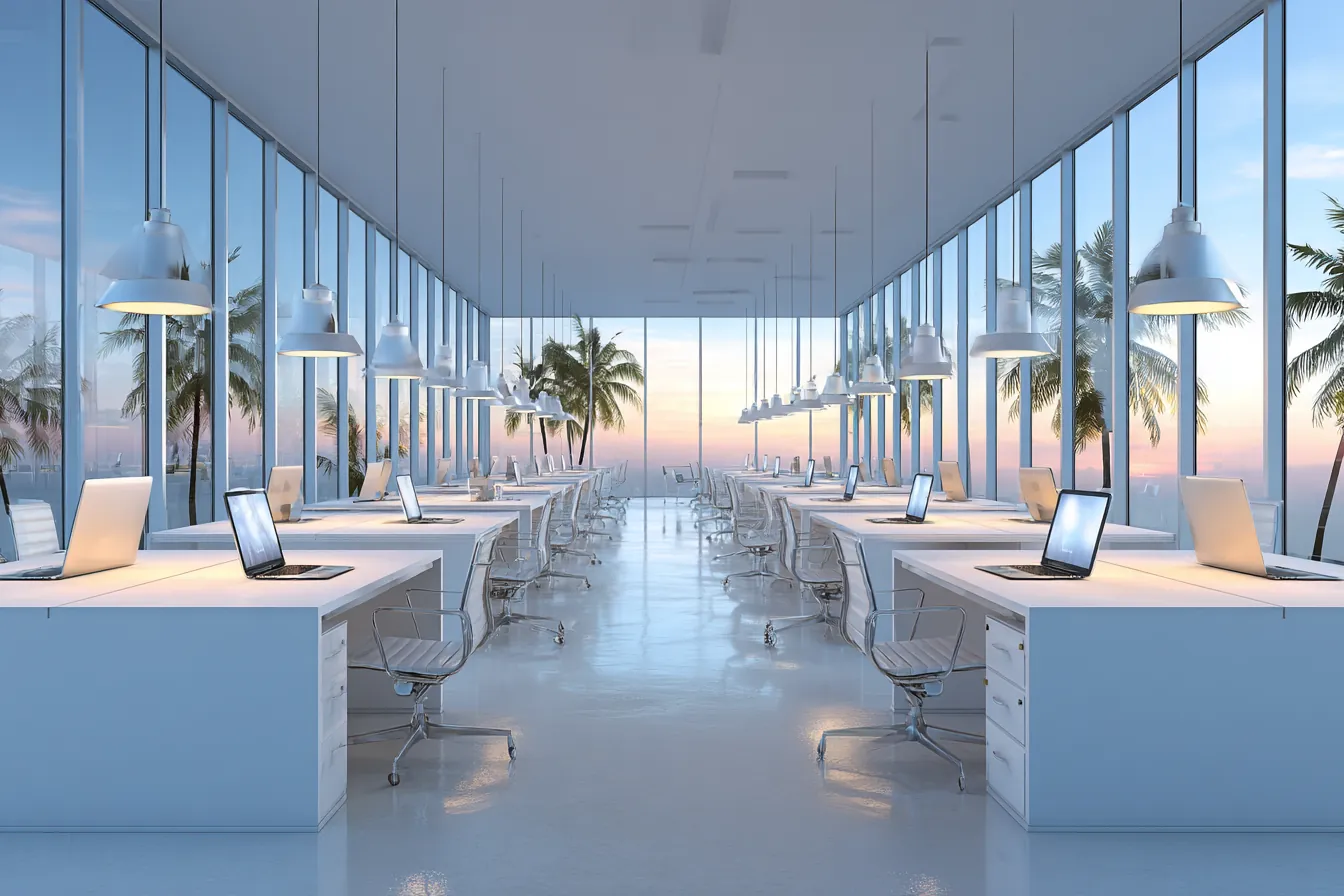 An empty open-plan office at dusk, long rows of white desks with laptops under pendant lights, palms beyond the glass