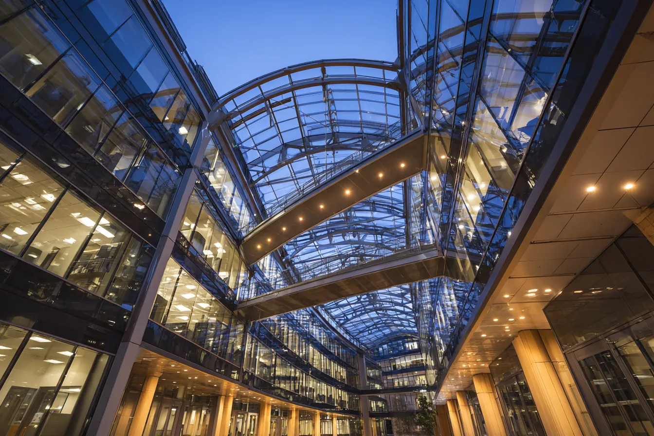 Looking up into a glass-roofed office atrium at dusk, lit walkways bridging between the floors