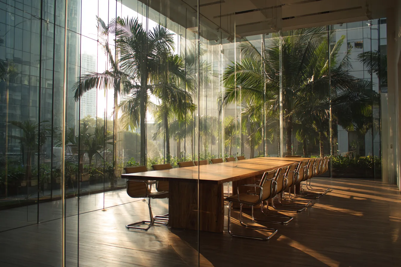 An empty glass-walled meeting room with a long wooden table and chairs, palms outside in low sun
