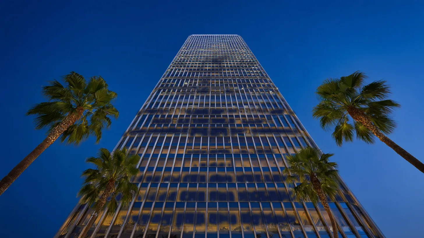 Looking up at a tall glass office tower between palms at blue hour, its floors dark