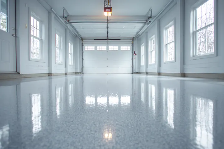 A glossy flake epoxy floor reflecting the windows of an empty white garage