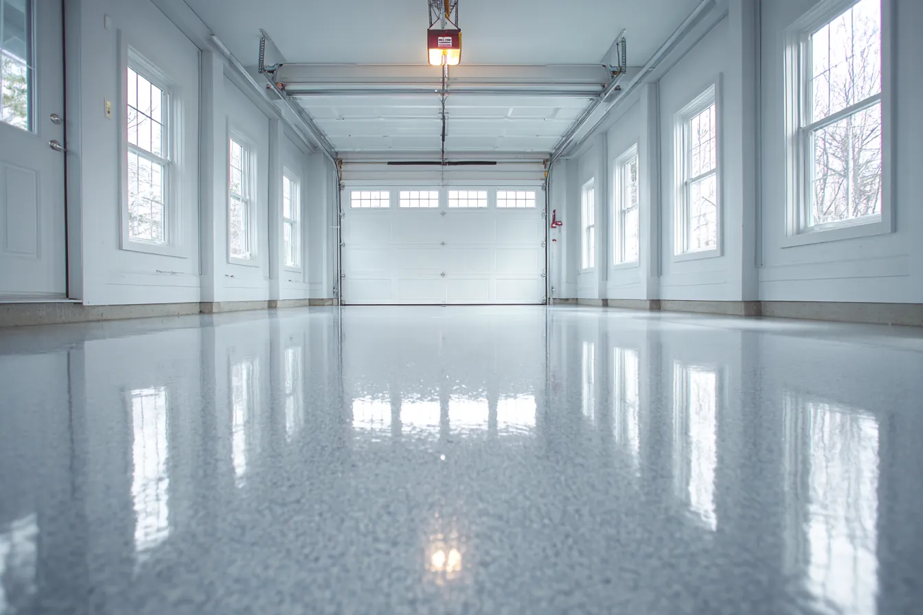 A glossy flake epoxy floor reflecting the windows of an empty white garage