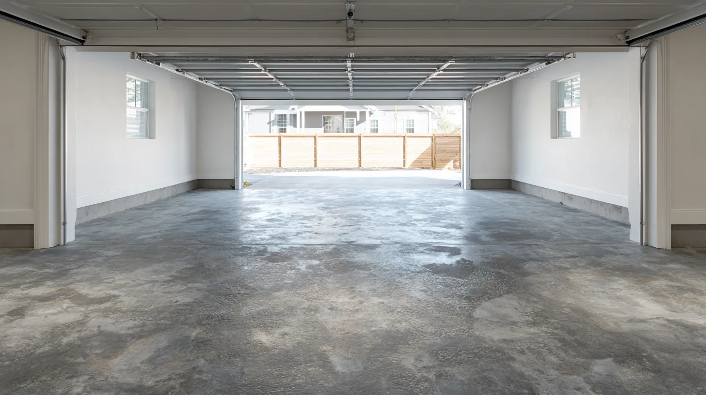 An empty two-car garage seen from inside toward its open door, the bare concrete floor blotchy and stained from the walls to the threshold