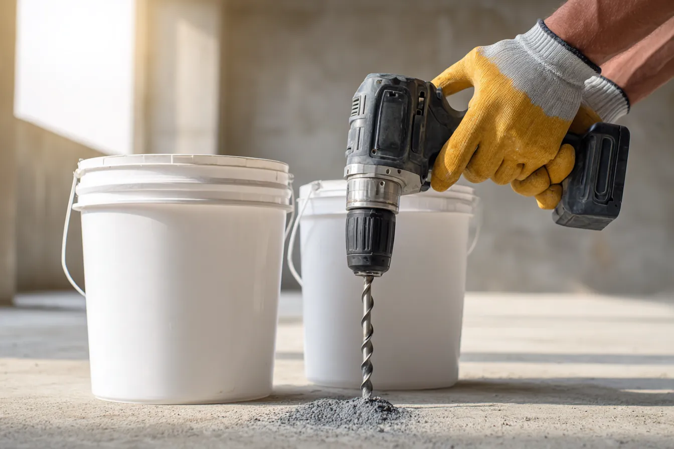 Gloved hands mixing a two-part floor coating in a plain unlabeled bucket with a drill paddle, on a bare concrete floor
