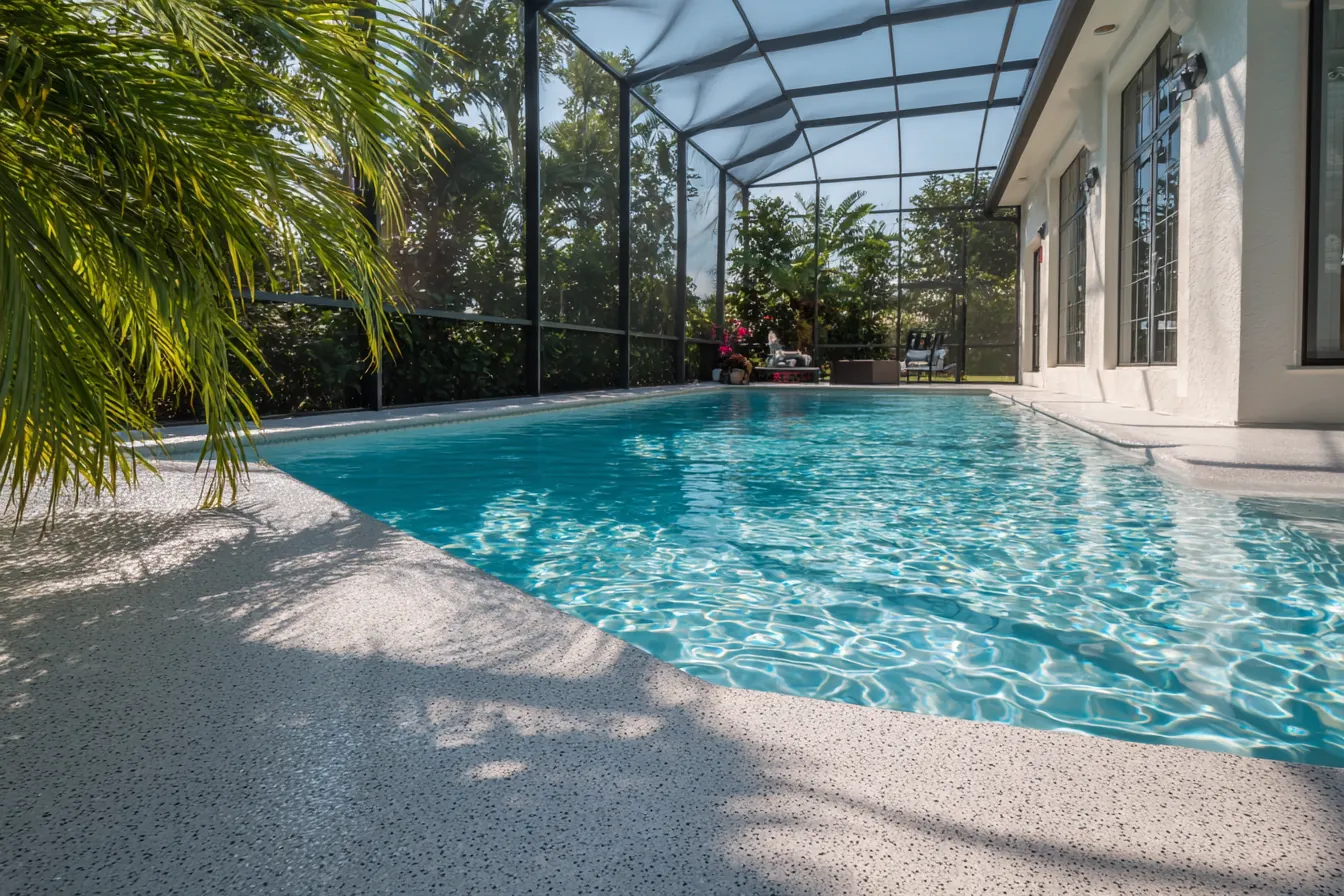 Light gray slip-resistant textured coating on a residential pool deck beside a screened pool, palm fronds beyond the screen