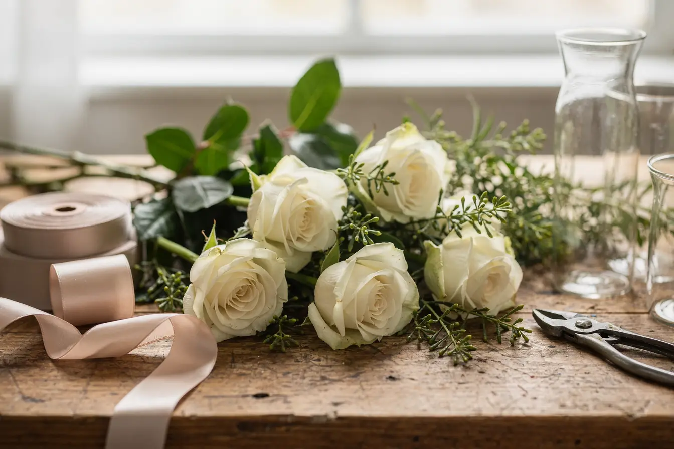 A florist workbench of white roses, greenery and ribbon beside clippers and glass vases