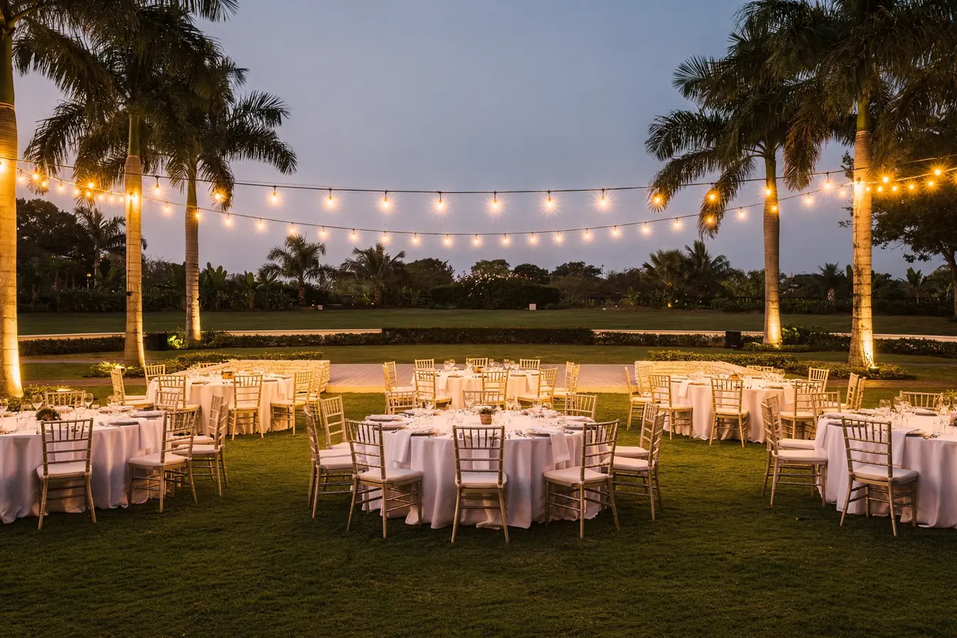 A resort lawn set for an evening reception, round tables with white linens under string lights and palms at dusk