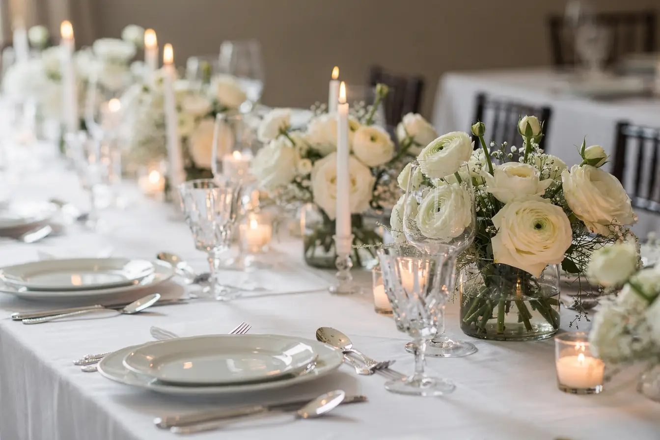 A long reception table with white florals, taper candles and glassware, set and waiting for guests