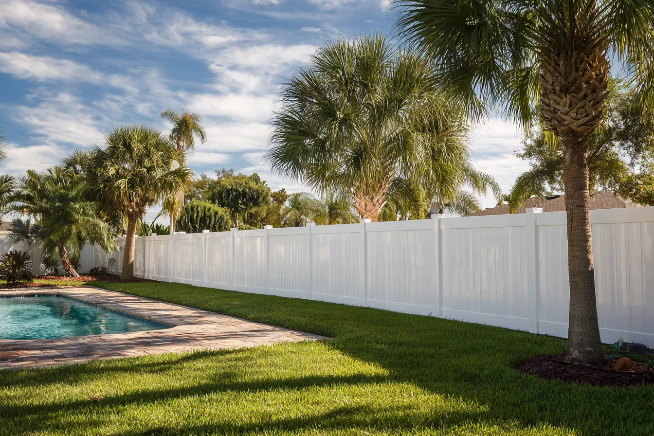 A white vinyl privacy fence enclosing a backyard pool and lawn, palms beyond