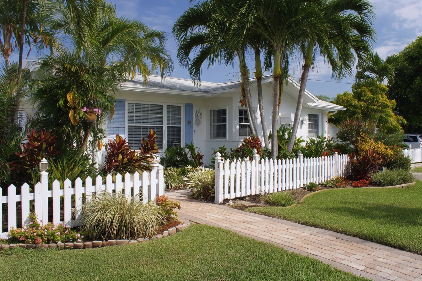Low white picket fence along the front yard of a one-story Florida home, a paver walkway and palms behind it