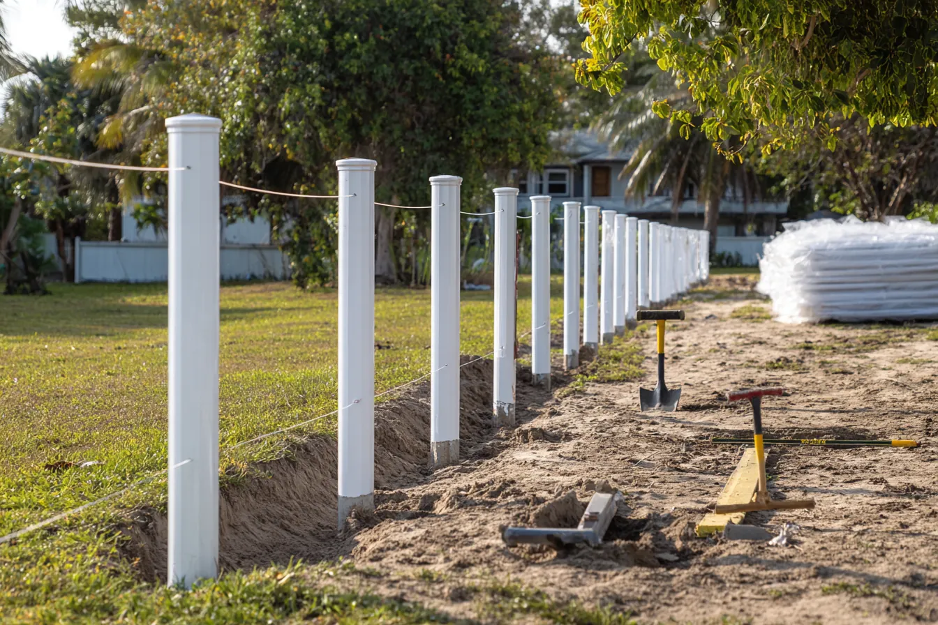 Row of new white vinyl fence posts set along a string line in a sandy yard, tools lying on the dug-up ground