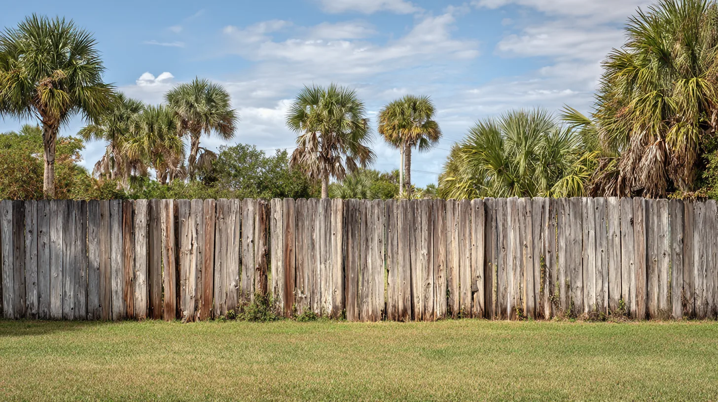 A Southwest Florida backyard seen straight-on, enclosed by an old weathered gray wood fence of uneven boards, palms above it