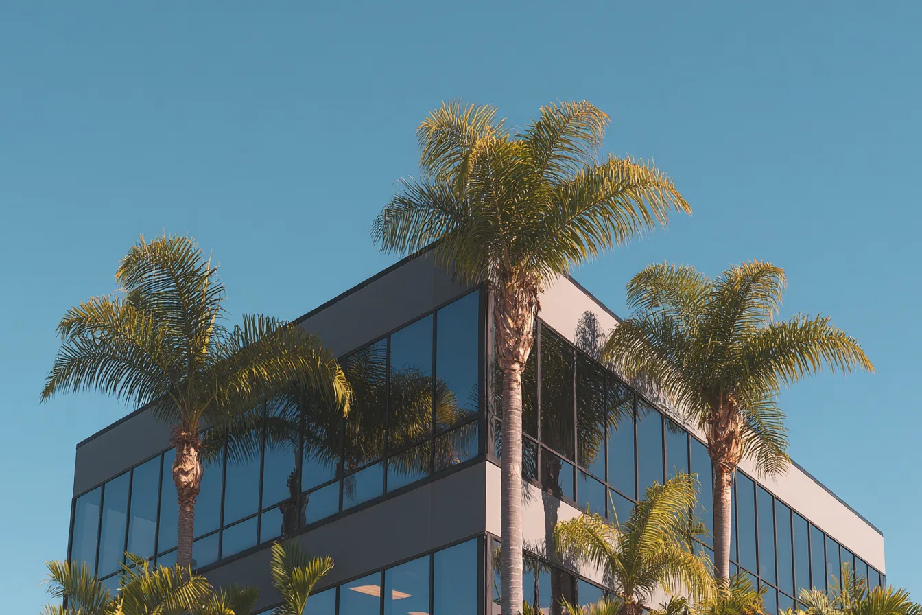 A modern office building of dark glass behind royal palms against a clear sky
