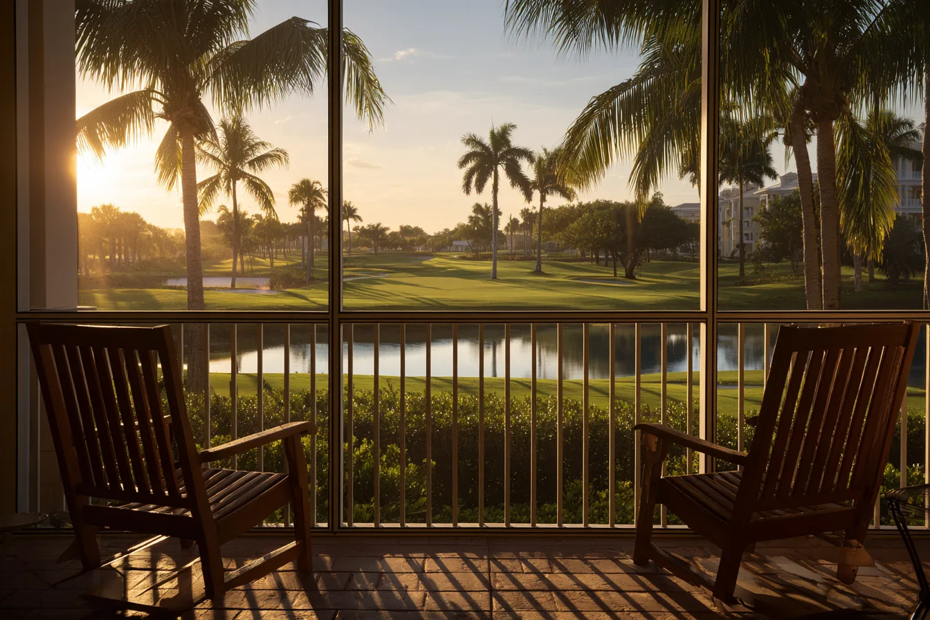 Two wooden chairs on a screened lanai overlooking a pond and a palm-lined golf fairway at sunset