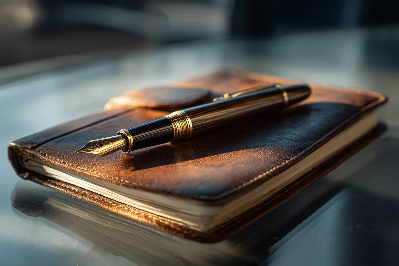 A fountain pen resting on a leather journal on a glass desk
